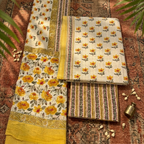 Onam Series - Floral Yellow Cotton Dupatta set