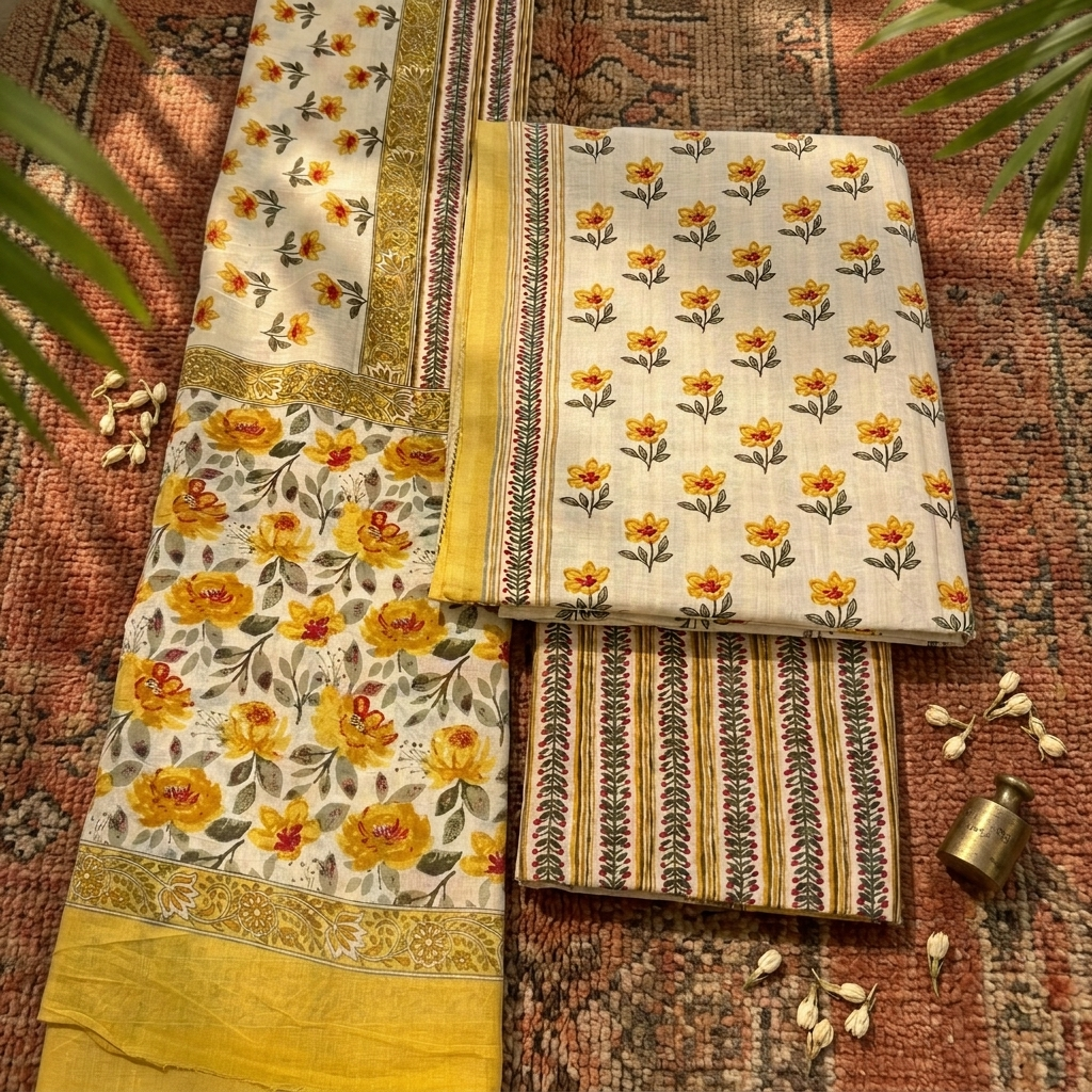Onam Series - Floral Yellow Cotton Dupatta set