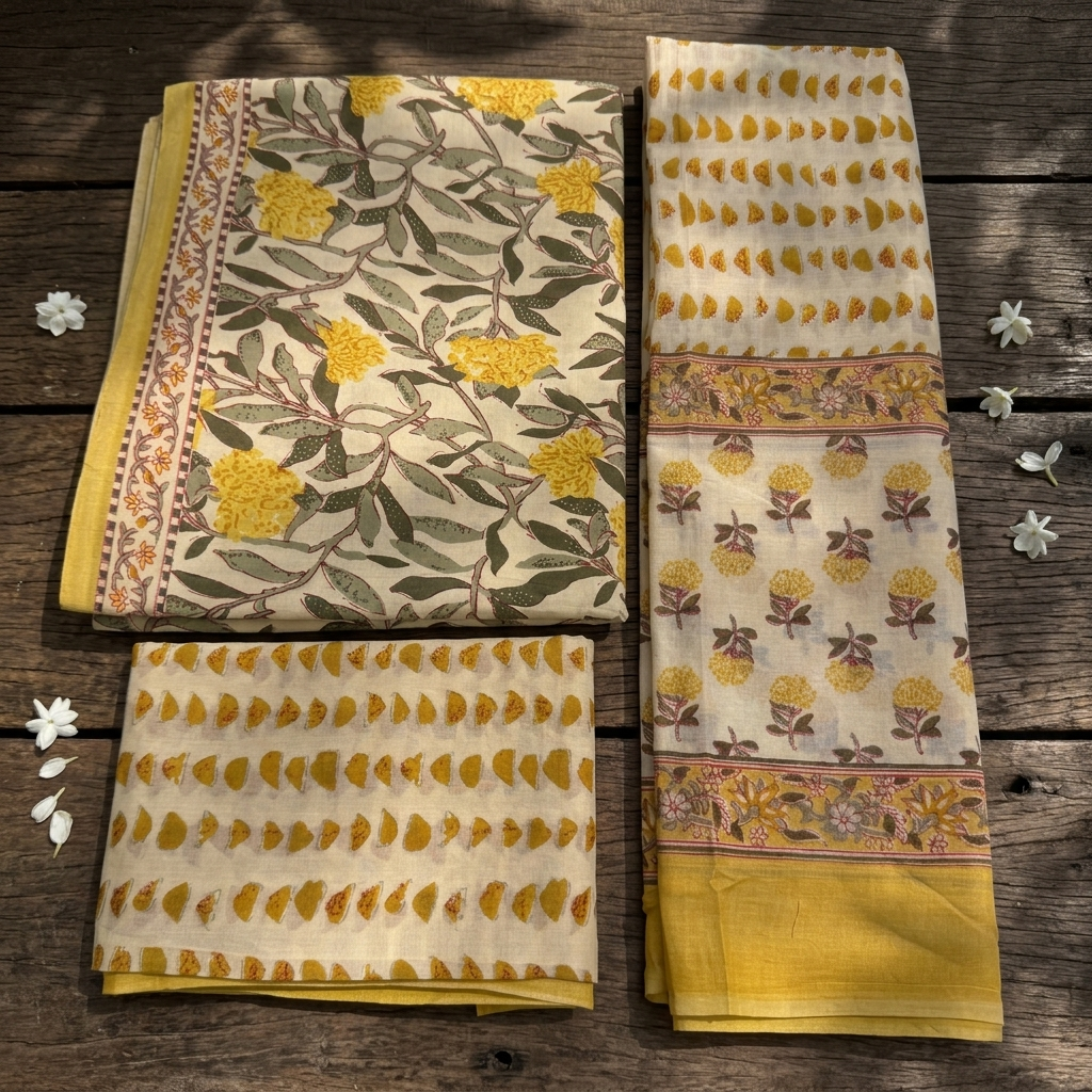 Onam Series - Yellow floral Cotton Dupatta Set