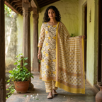 Onam Series - Yellow floral Cotton Dupatta Set
