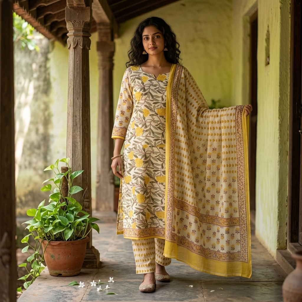 Onam Series - Yellow floral Cotton Dupatta Set