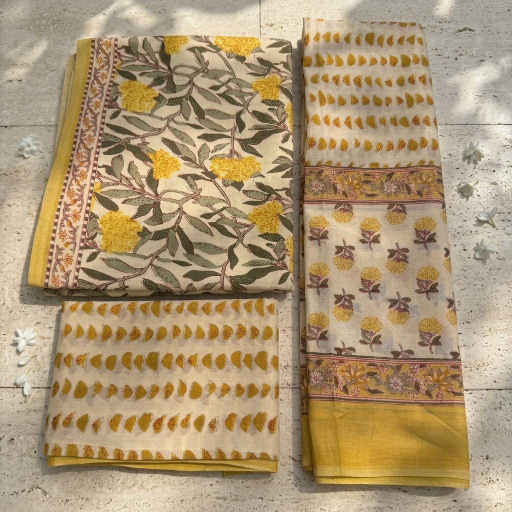 Onam Series - Yellow floral Cotton Dupatta Set
