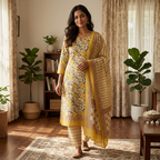 Onam Series - Yellow floral Cotton Dupatta Set