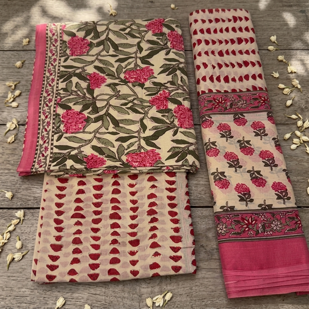 Onam Series - Pink Floral Dupatta set