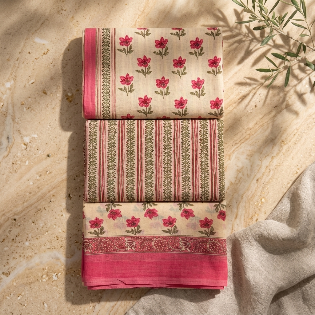 Onam Series - Elegant Pink Cotton Dupatta set