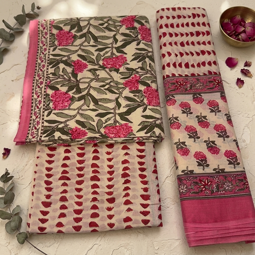 Onam Series - Pink Floral Dupatta set