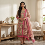 Onam Series - Pink Floral Dupatta set