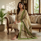 Onam Series - Olive Green Cotton Dupatta set