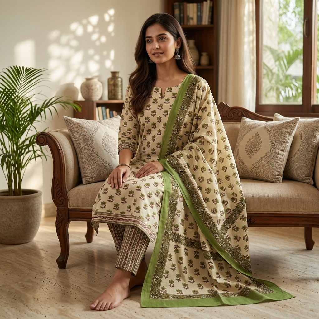 Onam Series - Olive Green Cotton Dupatta set