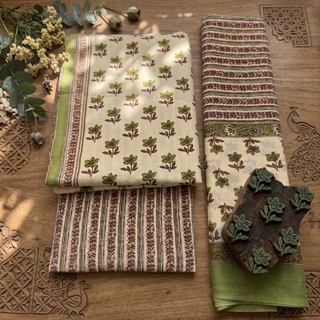 Onam Series - Olive Green Cotton Dupatta set