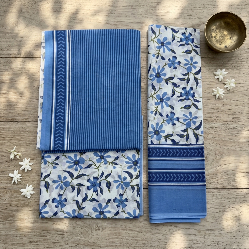 Blue And White Floral Cotton Dupatta set
