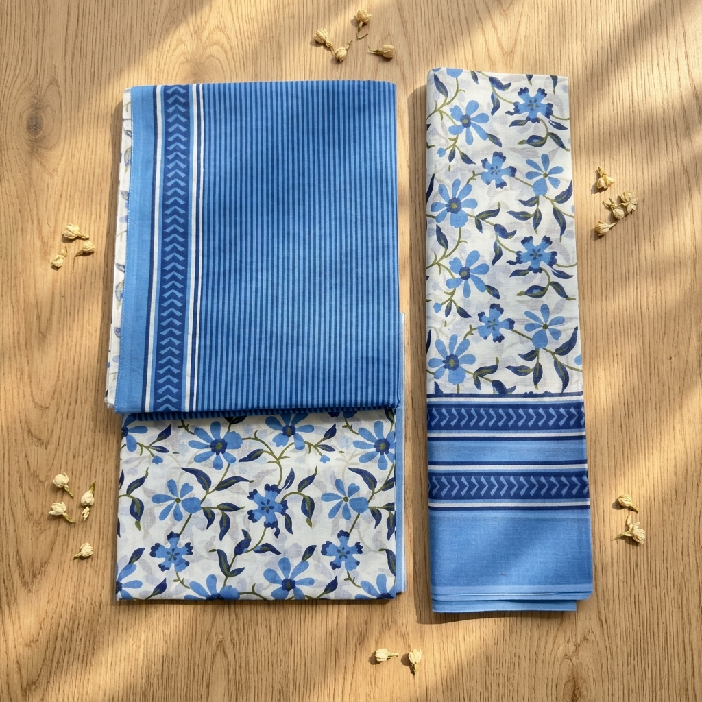Blue And White Floral Cotton Dupatta set