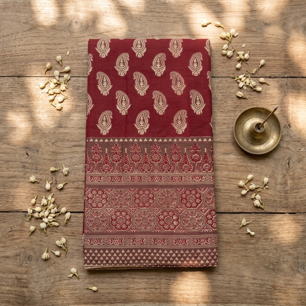 Ajrakh Maroon Top Only Cotton Material