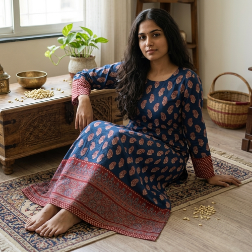 Ajrakh Blue Cotton Top Only Material