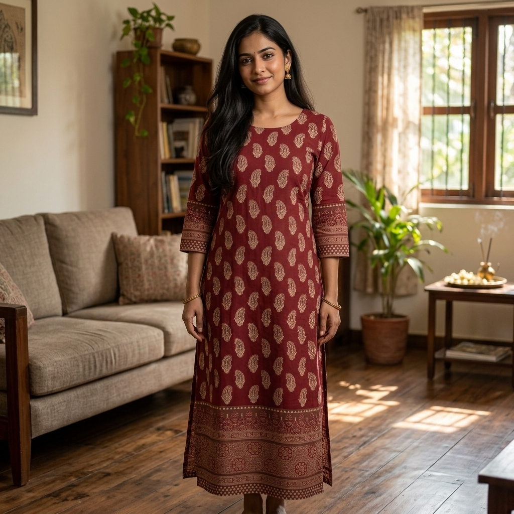 Ajrakh Maroon Top Only Cotton Material