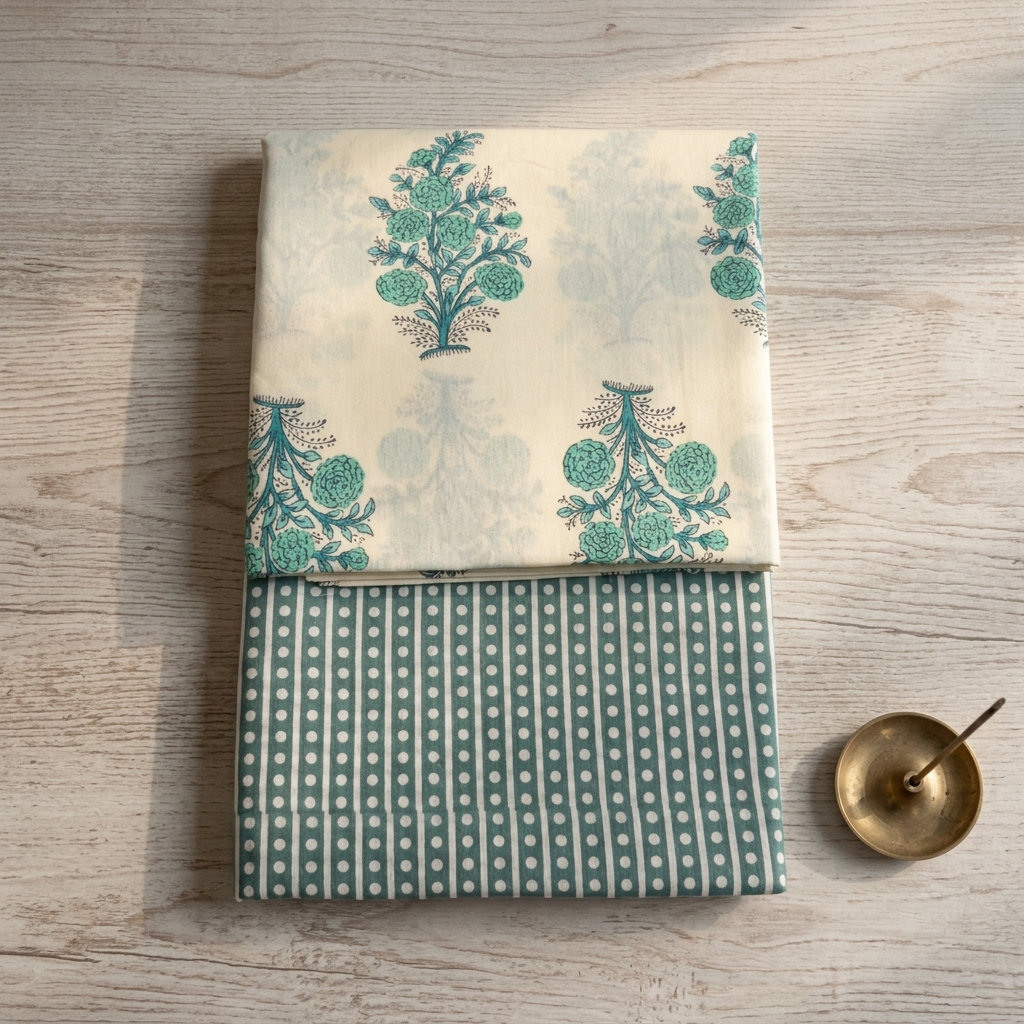 Sea Green And Cream Cotton Cord Set Material