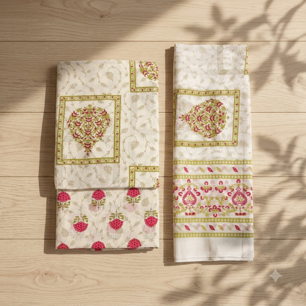 Off-white and Pink Cotton Dupatta Set
