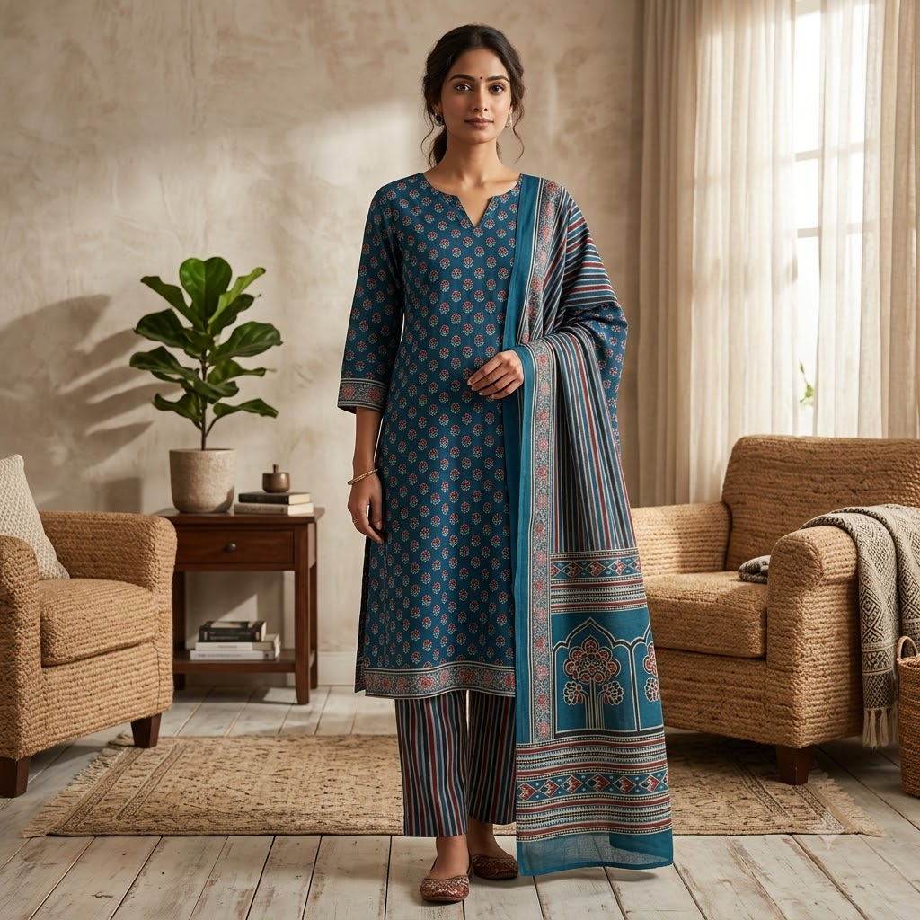 Teal Blue Small Floral print Cotton Dupatta Set