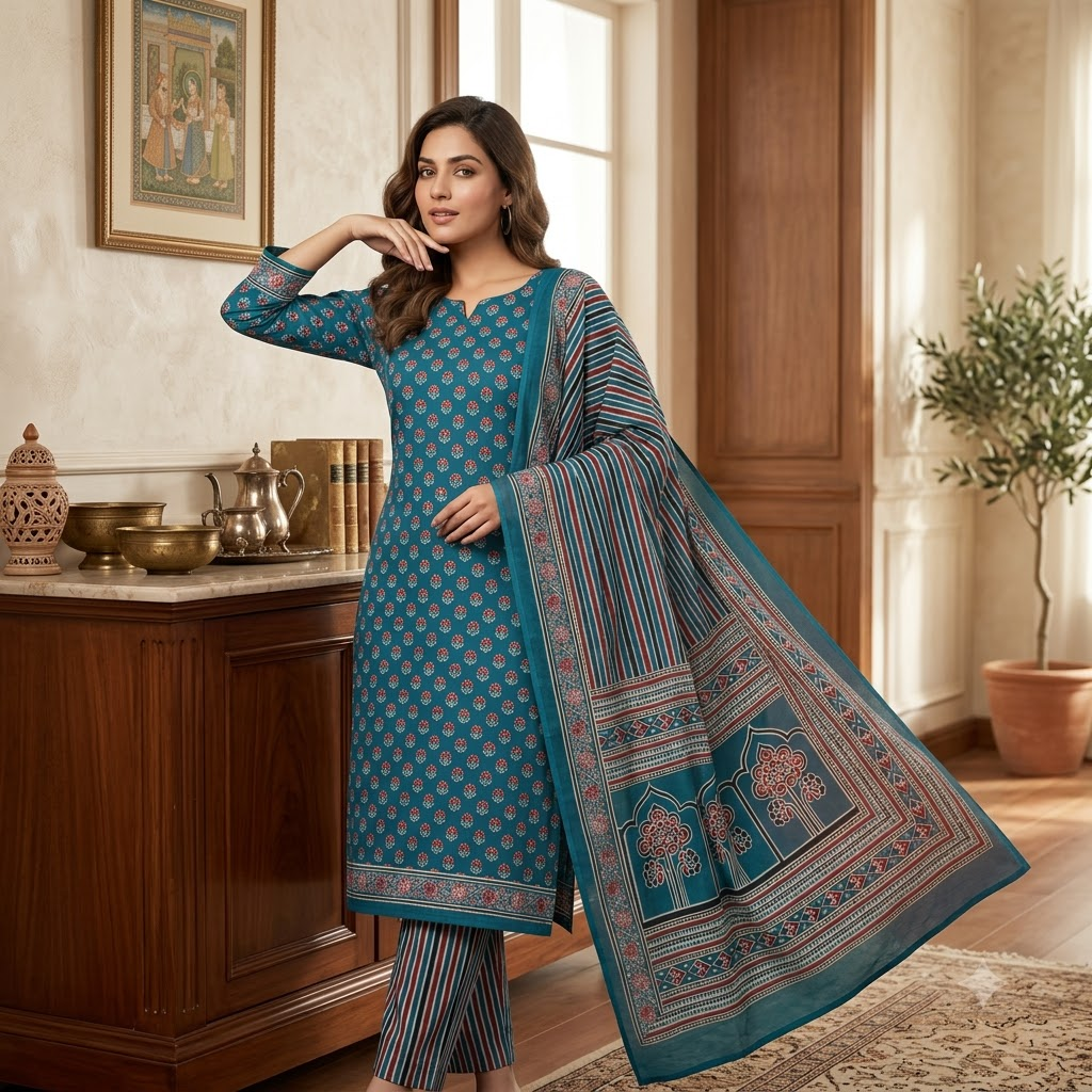 Teal Blue Small Floral print Cotton Dupatta Set