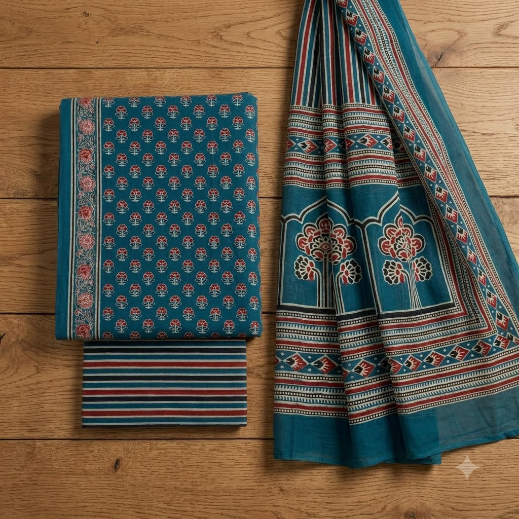 Teal Blue Small Floral print Cotton Dupatta Set