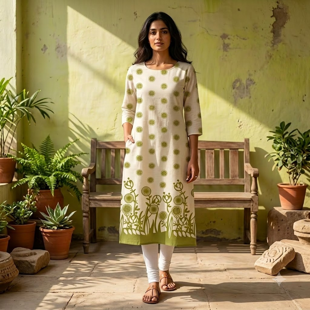 White and Green Cotton Top Only Material