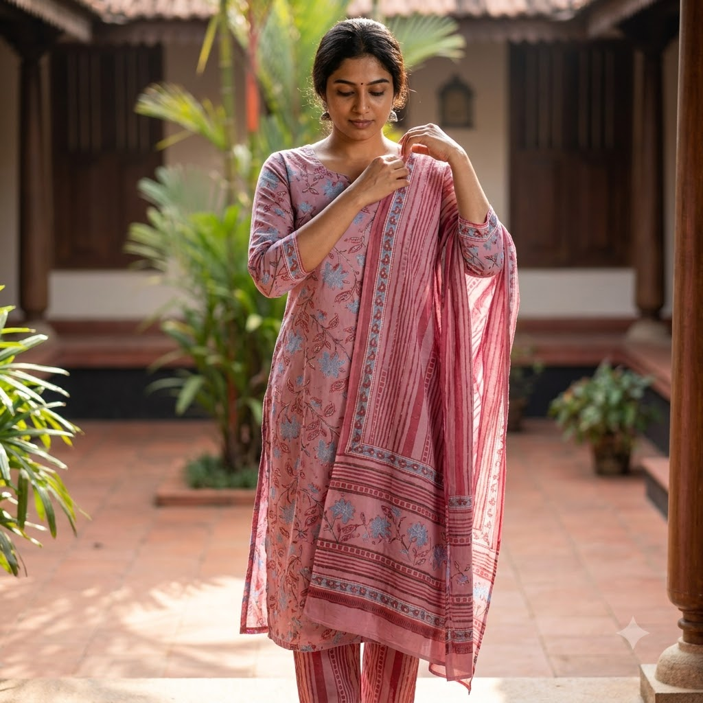 Pastel Pink and Blue Cotton Dupatta Set
