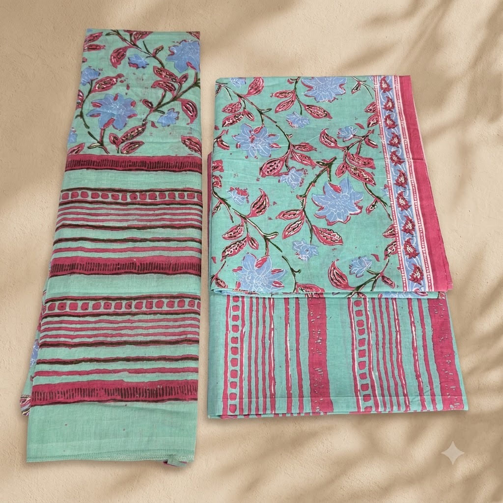 Pastel Green and Pink Cotton Dupatta Set