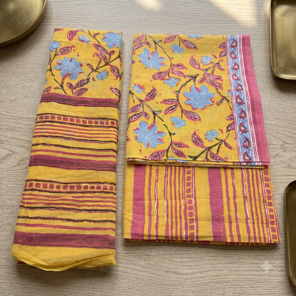 Yellow and Pink Cotton Dupatta Set