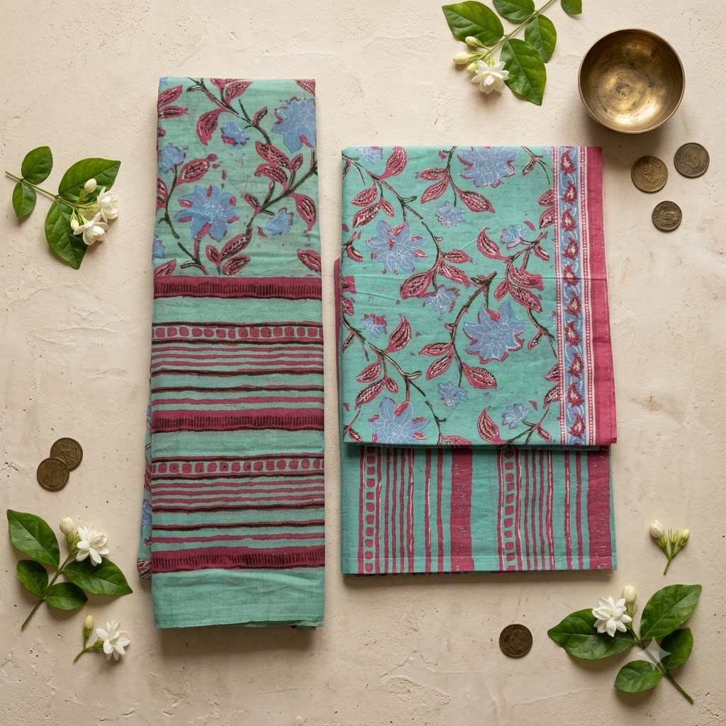 Pastel Green and Pink Cotton Dupatta Set