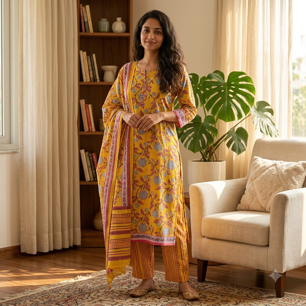 Yellow and Pink Cotton Dupatta Set