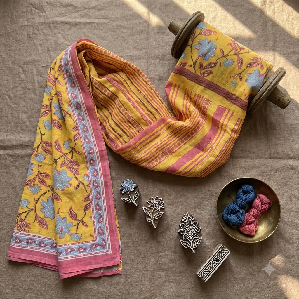 Yellow and Pink Cotton Dupatta Set