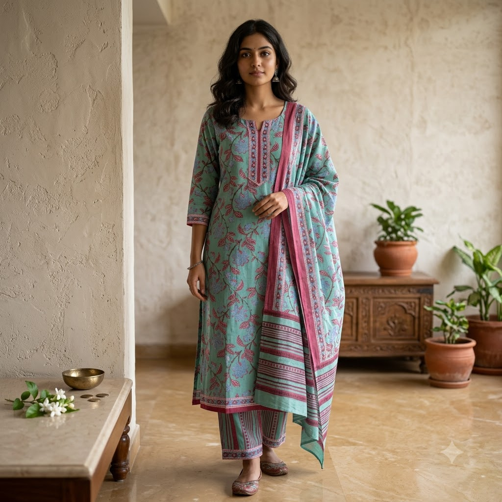 Pastel Green and Pink Cotton Dupatta Set