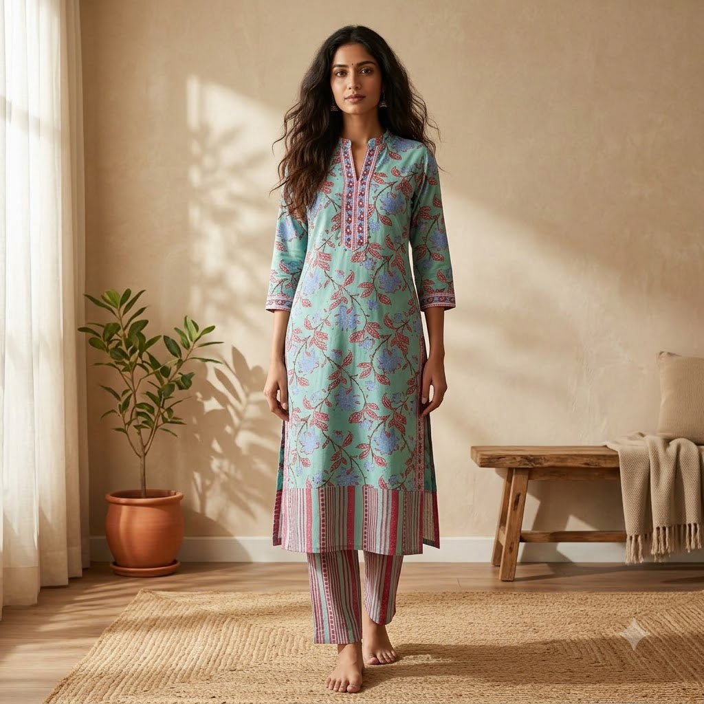 Pastel Green and Pink Cotton Dupatta Set