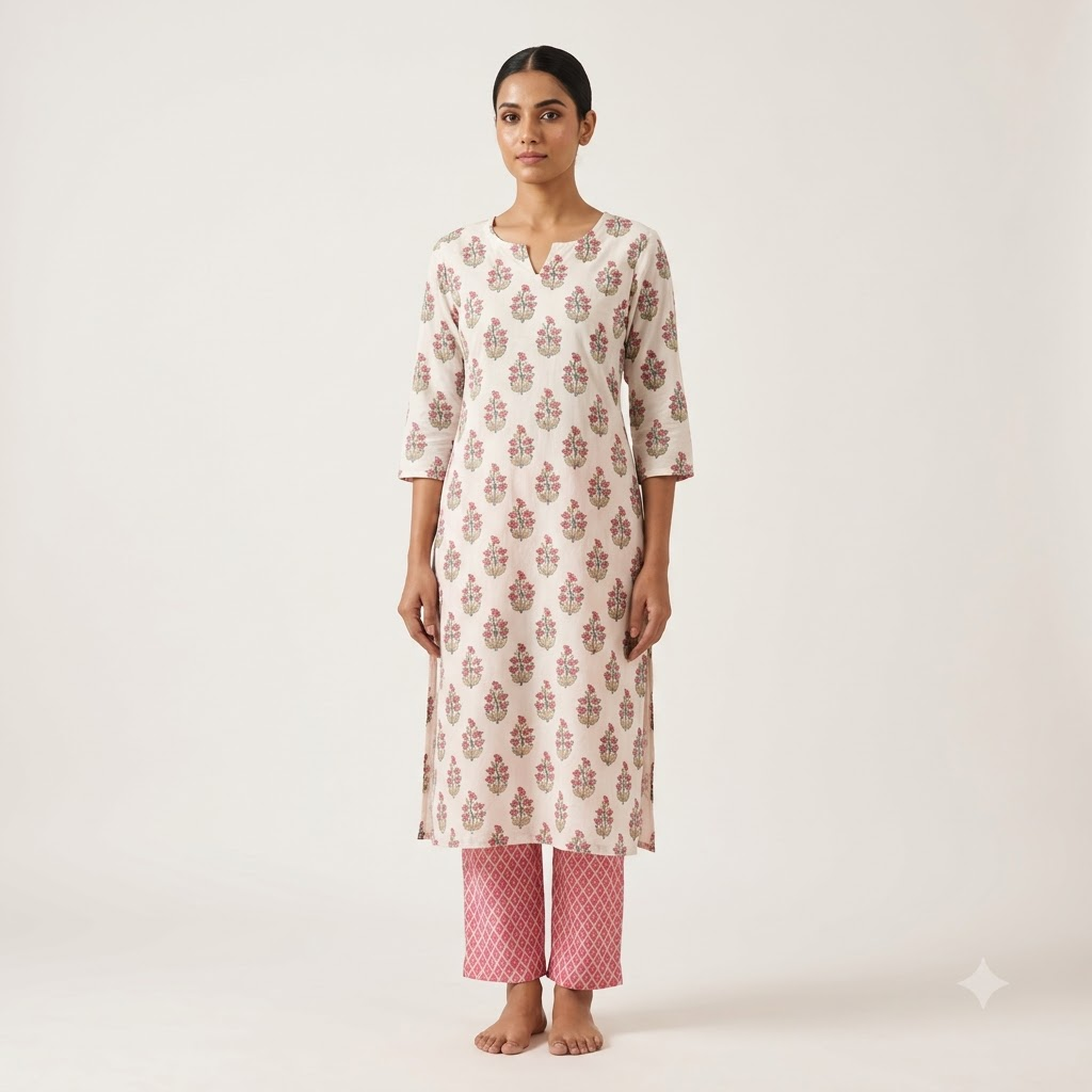 White and pink Floral Cotton Cord set