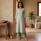 White and Sea Green cotton Cord Set