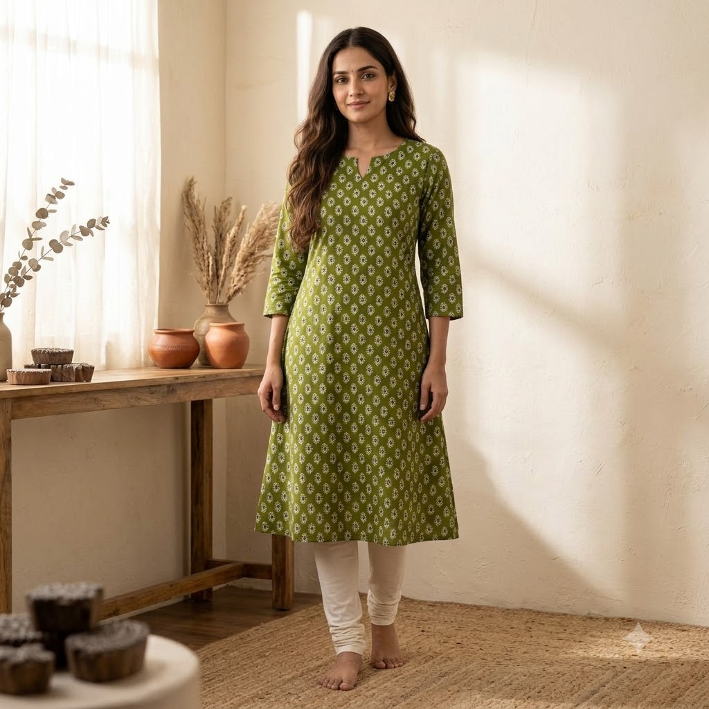 Green Cotton Ajrakh Top Material