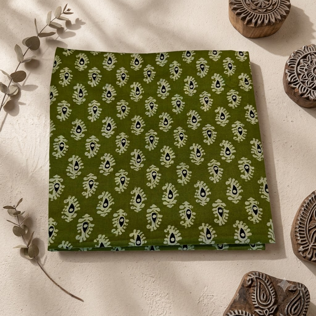 Green Cotton Ajrakh Top Material