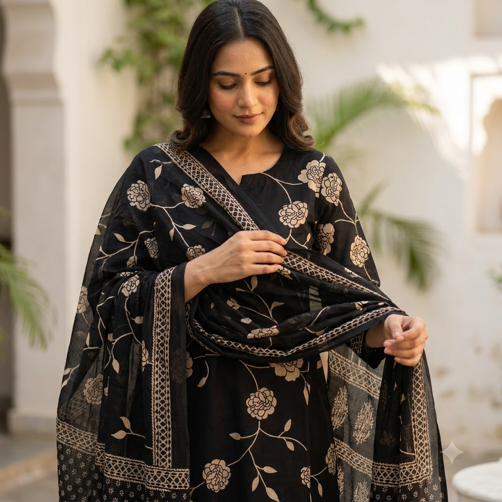 Black and Sandal Cotton Dupatta Set