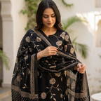 Black and Sandal Cotton Dupatta Set