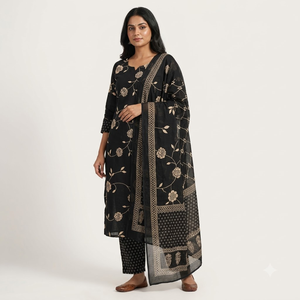 Black and Sandal Cotton Dupatta Set