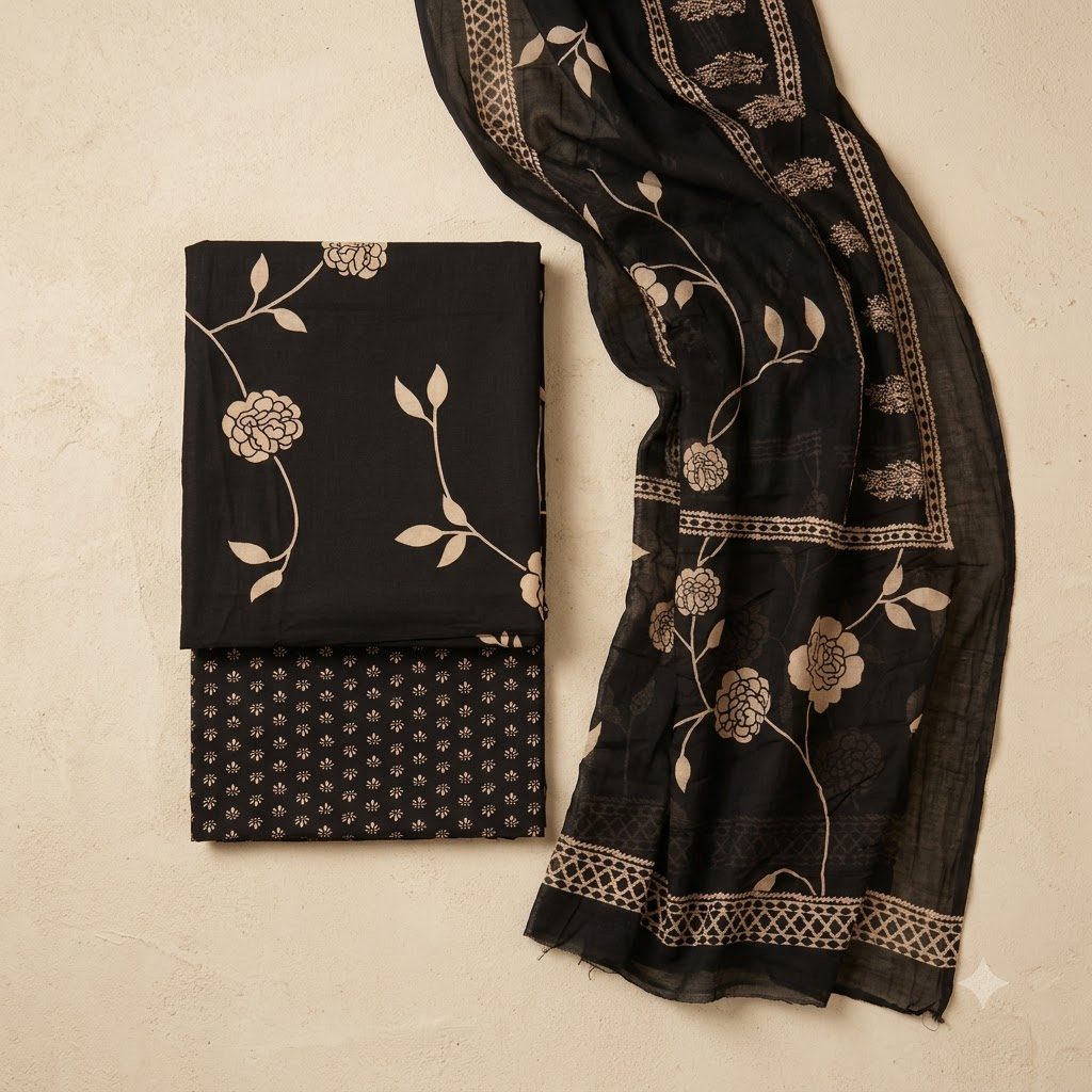 Black and Sandal Cotton Dupatta Set