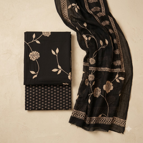 Black and Sandal Cotton Dupatta Set