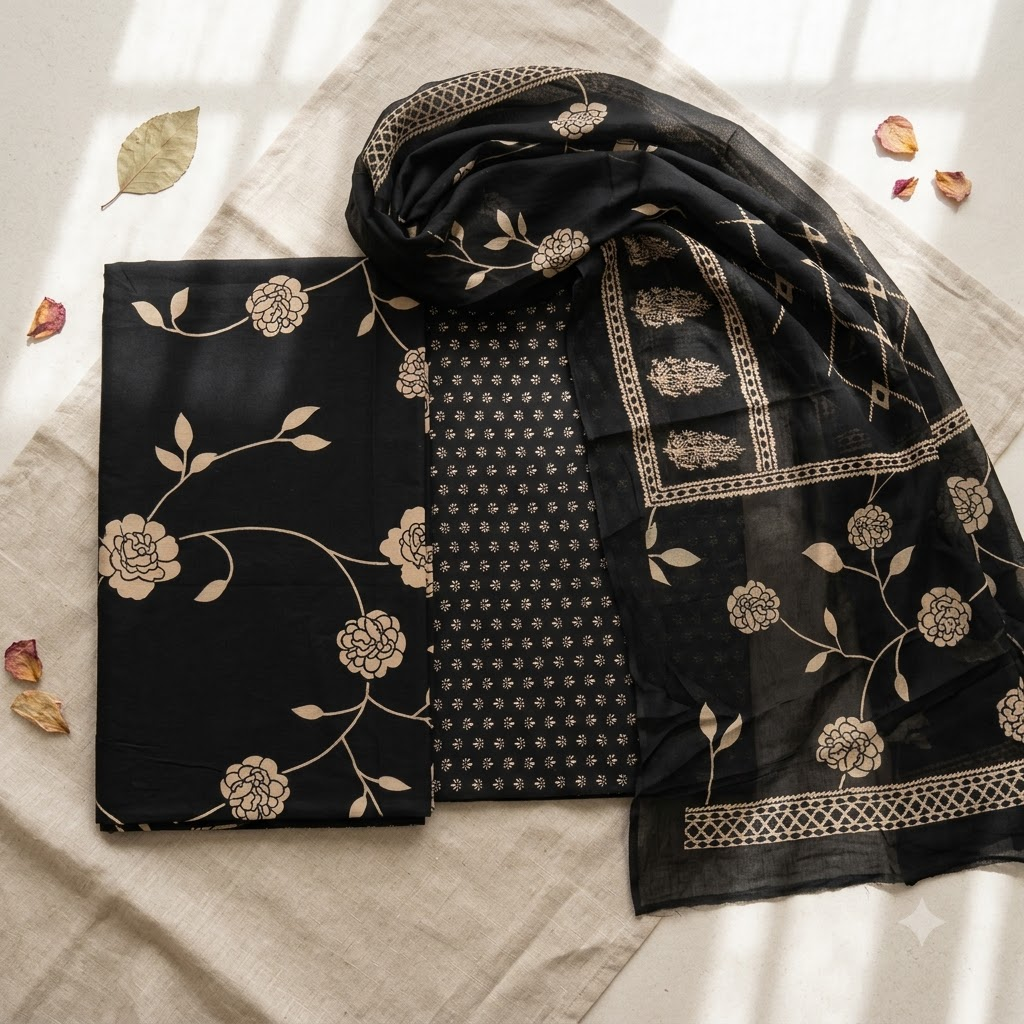 Black and Sandal Cotton Dupatta Set